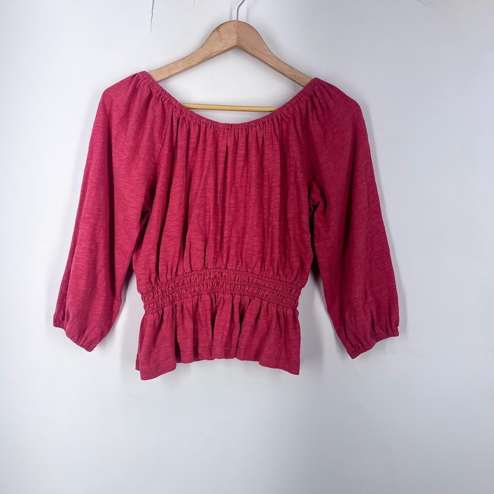 Marine Layer Womens Christiana Knit Top Cotton Slub Smocked Peplum Top Size XS - Picture 2 of 14